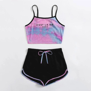 Ensemble 2 pièces sexy pour femme : hauts et shorts imprimés tie-dye avec lettres, sans manches, pour l'été, style pyjama - Product Image 5