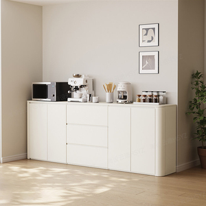 XHA Modern <b>White</b> Wood Bar <b>Cabinet</b> with Flat Panel Doors and <b>Storage</b> Drawers for Kitchen or Entryway Use - Product Image 1