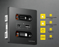 Enchufe de Pared Inteligente YuHe Group Smart Life 10A, 2 Tomas de Corriente, 1 USB-C, 1 USB-A, Cable Retráctil Integrado, Panel de Aluminio Moderno, Wi-Fi Rápido