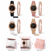 Set Perhiasan Jam Tangan Wanita 2 Buah Mewah Jam Tangan Kuarsa Berlian Imitasi Bunga Campuran Emas Mawar Gelang Kristal Hati Hadiah Fashion