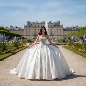 Vestido de Novia Largo hasta el Suelo con Escote Corazón, Estampado Floral, Estilo Moderno y Glamuroso, Color Marfil, con Apliques Bordados - Product Image 1