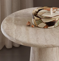 Table console en travertin naturel Wabi-sabi, design italien moderne haut de gamme, base sur piétement, entrée, salon, taille personnalisée