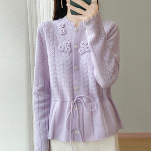 <span class=keywords><strong>Cardigan</strong></span> 100% in lana mercerizzata lavorato <span class=keywords><strong>a</strong></span> maglia con cavo in vita da donna - Product Image 5