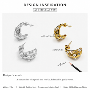 Boucles d'oreilles créoles en forme de croissant avec perles et strass, en acier inoxydable plaqué or 14 carats sous vide, imitation perle - Product Image 5