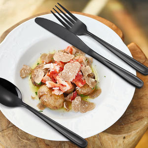 Para <span class=keywords><strong>Amazon</strong></span>, juego de vajilla de acero inoxidable negro, bistec occidental, cuchillo dorado para el hogar, tenedor, cuchara, mango pulido de espejo grueso, Moderno - Product Image 1