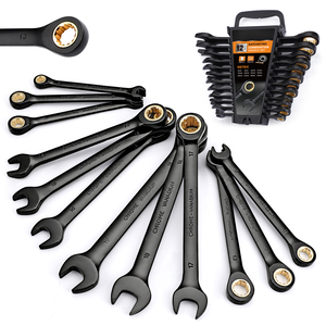Jeu de clés à cliquet noires personnalisées avec logo, 12 pièces, revêtement électrophoretique métrique, clé à cliquet à tête fixe en CRV - Product Image 1