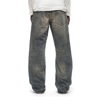 Jeans en denim ample à jambe large pour homme, style japonais, délavé, vieilli, déchiré, ourlet effiloché, design de patch