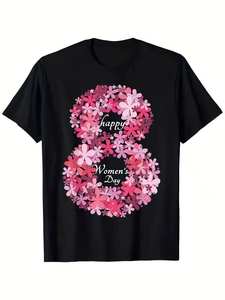 T-shirt per la festa della donna, con simbolo floreale femminile, rosa, nero, girocollo, manica corta, camicia casual per la festa, 100% cotone, S-3XL - Product Image 1