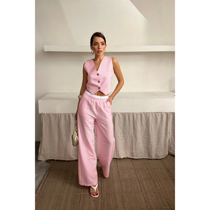 Conjunto de Chaleco y Pantalón a Rayas WAFFLE para Mujer, Color Rosa Sólido, Tops Cortos, Tallas XS, 3XL, 4XL, Corte Holgado - Product Image 6