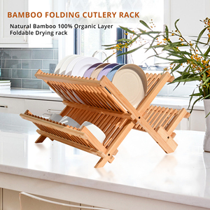 Escurridor plegable de madera ecológico para cocina de 2 niveles, estante para platos de bambú con juego de soporte para cubiertos y utensilios - Product Image 5