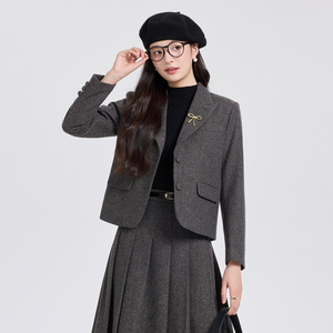 Women's Wool Suit Set Gray Brown Solid Color Jacket And Skirt Two Piece Professional Office Wear For Interview Commute - Product Image 2