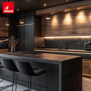 Alland Popular Sale Luxury Custom Flat Slab Door Plywood Wood Melamine Matte Modern Black Kitchen <strong>Cabinet</strong> With Contemporary - Product Image 2
