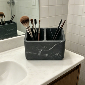 Porte-pinceaux de maquillage en polyrésine imitation marbre noir à <span class=keywords><strong>2</strong></span> compartiments, organisateur de pinceaux cosmétiques pour comptoir, rangement pour pinceaux de maquillage, organiseur de salle de bain - Product Image 5