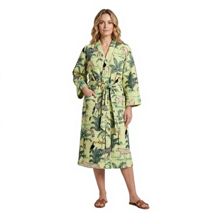 Bata Larga de Mujer con Estampado Floral, Cuello en V, Manga Tres Cuartos, 100% Algodón No Tejido, Suave, Informal, para Verano, con Cinturón - Product Image 1