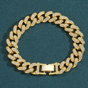 New Luxury Hip Hop Gold Silver Plated Color Cuban Link Alloy Bracelet Men Iced Out Crystal Diamond Black Cuban Chain Bracelet