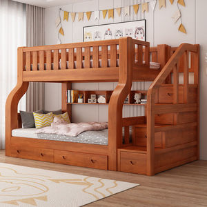 Cama litera de madera maciza 1.2x2.0 con almacenamiento de doble capa, diseño rústico para niños - Product Image 1