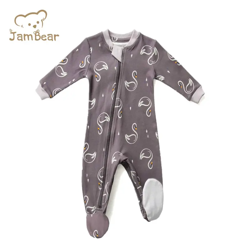 JamBear organik bebek Zip ön Snug Fit ayaklı pijama bebek Romper fermuar tarzı pamuklu uzun kollu tişört yenidoğan bebek giysileri