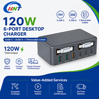 Charger Desktop USB C 120W 6 Port Grosir, 3 USB C 3 USB 2 Kabel Retractable, Stasiun Pengisian Daya Multi Perangkat, Logo Kustom OEM