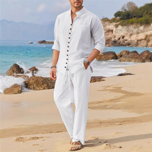 Ensemble deux pièces <span class=keywords><strong>homme</strong></span> automne 2025 : <span class=keywords><strong>chemise</strong></span> à col montant et <span class=keywords><strong>pantalon</strong></span> ample, respirant, style décontracté pour les vacances et la plage - Product Image 4