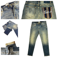 Jeans en denim vintage délavé pour homme, coupe slim droite avec poche arrière personnalisée en jacquard et patchwork, style streetwear