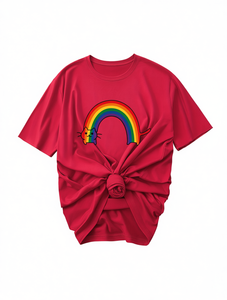 T-shirt da donna con motivo gatto arcobaleno e cuore, manica corta, girocollo, carino, primaverile, estivo, casual, stampato, in jersey di cotone 100% - Product Image 1