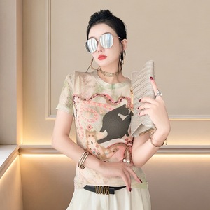 2026 New Short-sleeved Positioning Printed Crewneck Mesh T-shirt Women's Fashionable Slim-fit Slimming Base Shirt Trendy - Product Image 1