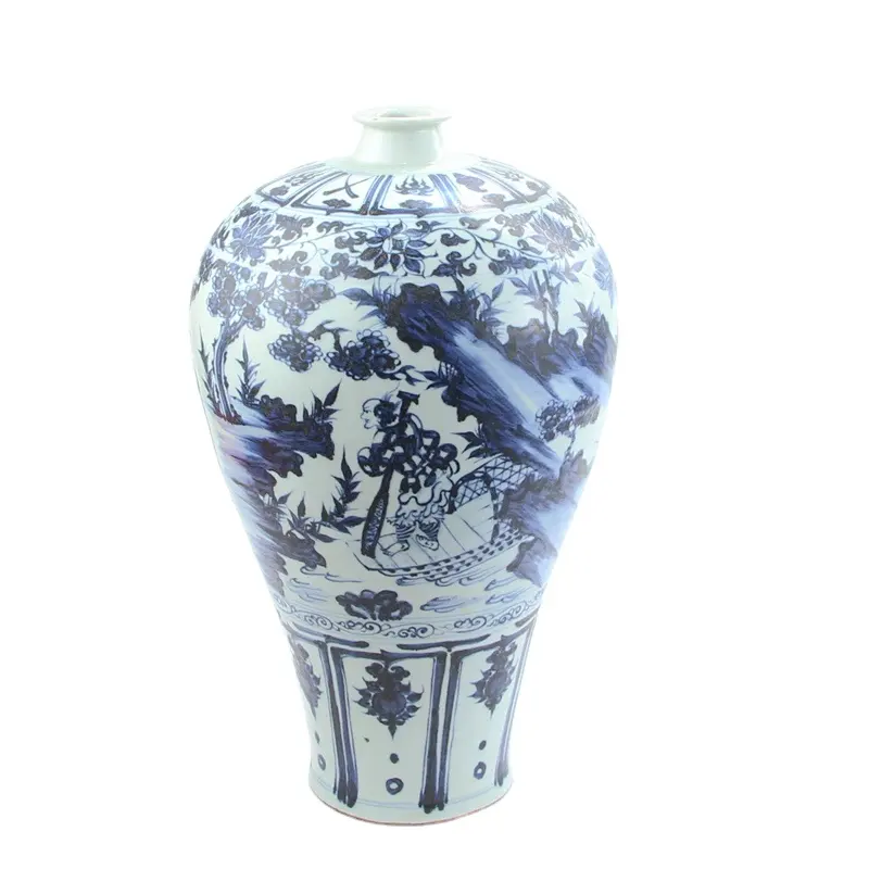 Dinastia Yuan azul e branco xiaohe RZNo01 perseguindo hanxin sob o luar vaso de porcelana antigo