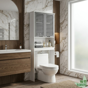 <span class=keywords><strong>Meuble</strong></span> de rangement vertical autoportant pour salle de bain, à poser au-dessus des toilettes, avec deux portes à persiennes ventilées et une étagère centrale ouverte - Product Image 6