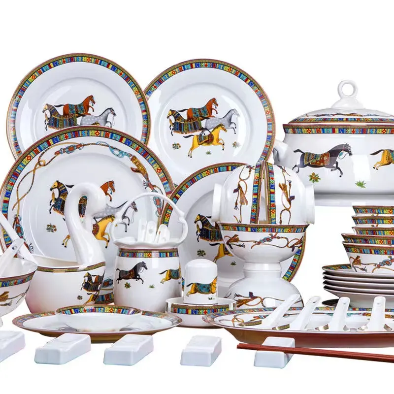 Set Peralatan Makan Malam Tulang Jingdezhen, Set Mangkuk dan Piring Porselen Porselen Cina 60 Buah