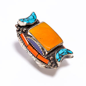 แหวนอัญมณีสีเขียวขุ่นธรรมชาติ Lapis,แหวนทิเบตทำด้วยมือ,เครื่องประดับโบราณ - Product Image 2