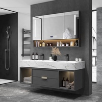 Set Perabot Kayu Solid Meja Rias Kamar Mandi Gantung dengan Wastafel Ganda dan Permukaan Marmer