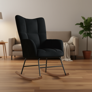 Sedia a Dondolo in Velluto Nero D0100HXNXL8, Sedia Moderna per Soggiorno con Gambe in Metallo, Schienale Trapuntato e Imbottitura in Schiuma - Product Image 2