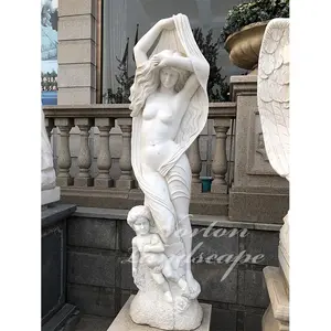 Decoración de jardín tallada a mano mármol blanco desnudo mujer y niño estatuas hermosa dama escultura