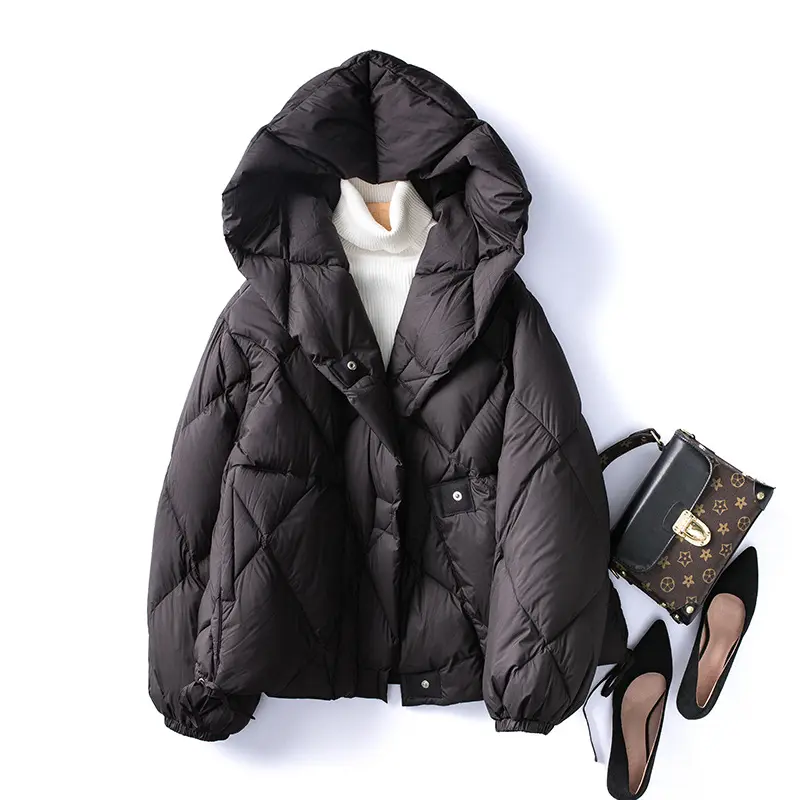 Casaco de inverno quente com capuz para mulheres, casaco de inverno personalizado de cor sólida grosso e solto de pato branco