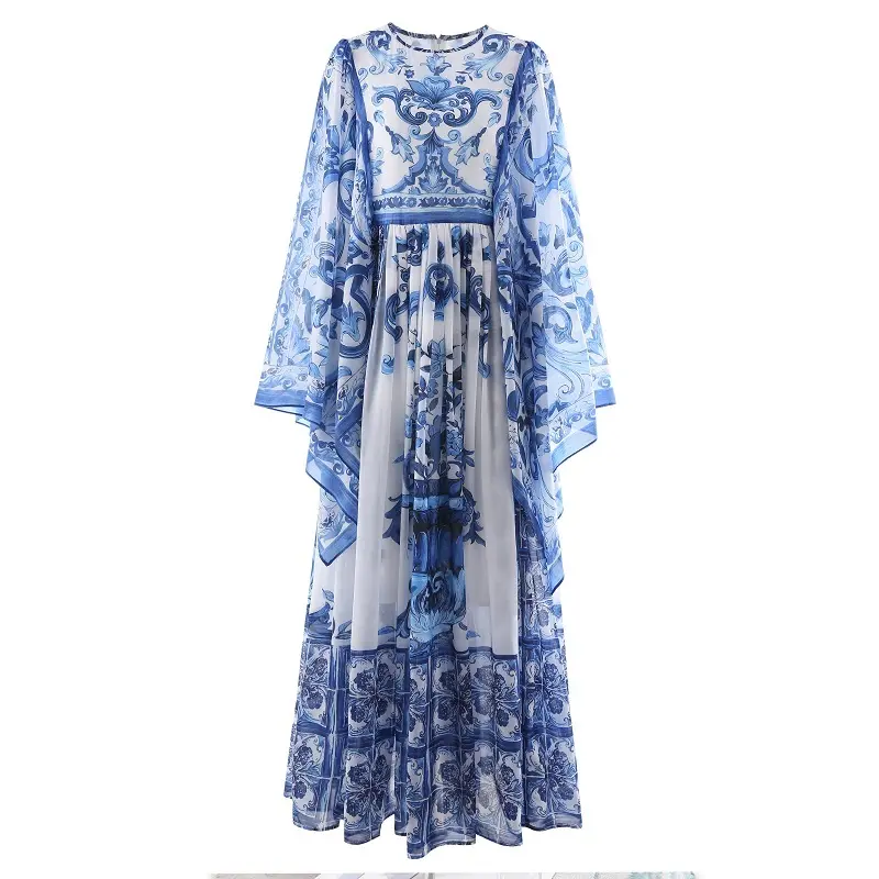 Floor Length Dress 2022 Summer Designer Fashion Style Women Vintage Porcelain Prints Flare Sleeve Casual Long Party Maxi Dress