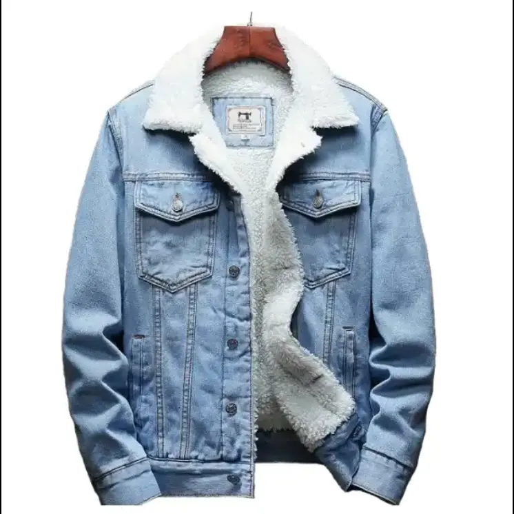 Old Fashion Washed Windproof Plus Size Thick Jean Anti Pilling Fleece Denim Jacket for Men