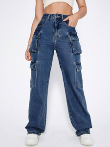 Pantalones Cargo Bajos de Mezclilla para <span class=keywords><strong>Mujer</strong></span> al por Mayor, Estilo Cool Girl, con Bolsillos, Vintage, de Pierna Ancha, Holgados, de Poliéster/Algodón - Product Image 2
