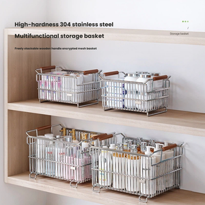 <span class=keywords><strong>Panier</strong></span> de rangement en fil <span class=keywords><strong>d</strong></span>'acier inoxydable 304, empilable, <span class=keywords><strong>panier</strong></span> organisateur de cuisine, <span class=keywords><strong>panier</strong></span> de rangement multi-usages avec poignée en bois - Product Image 1