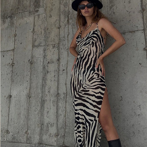 Sexy Summer Spaghetti Strap Side Split Long Beach Dress Women Travel Open Back Zebra Print Dress - Product Image 3