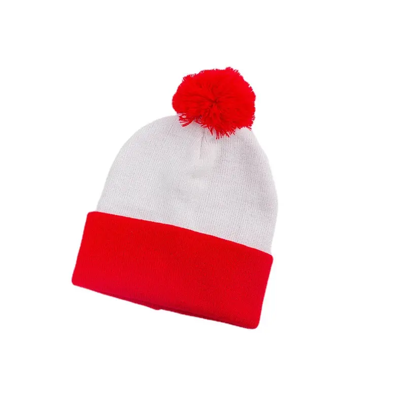 HLC386 वयस्कों फर गेंद लाल क्रिसमस टोपी महिलाओं के हेलोवीन Colorblock क्रिसमस टोपी लाल सफेद रंग मिलान Furball बुना हुआ टोपी
