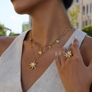 Sun Pendant <b>Necklace</b> 18K Gold Plated <b>Opal</b> Inlay Star Shape Beaded Chain Everyday Wear - Product Image 3