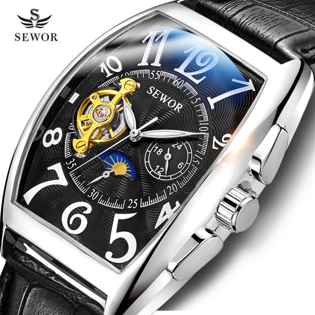 Hot SEWOR 557A Brand Men Luxury Automatic Wristwatch Wine Barrel Dial Male Business Leather Moon Phase FLYWHEEL Mechanical Watch