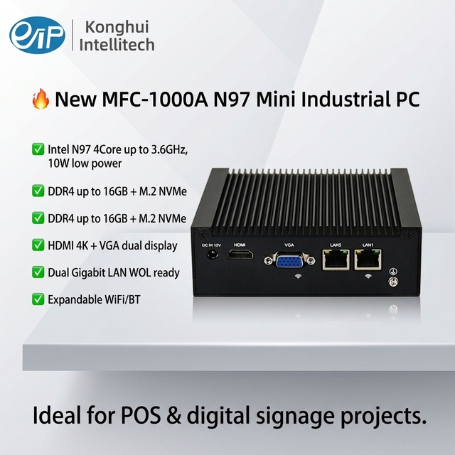 MFC-1000A Compact Size Wall Mount Low Power 10W N97 Embedded Box PC Dual LAN DDR4 Max16GB 4USB3.0 POS Digital Signage Stock
