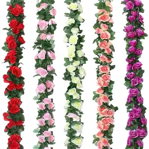 Bunga Gantung Mawar Buatan untuk Hiasan Dinding Rotan Tanaman Palsu Daun Garland Romantis Pernikahan Dekorasi Rumah
