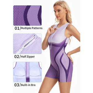 Women's <b>Boyleg</b> One Piece <b>Swimsuit</b> Neck Sleeveless Polka Dot Athletic Zip Swimwear Color Block UPF50+ Quick Dry Spandex Polyester - Product Image 5