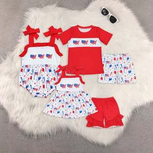 Tenues patriotiques pour enfants RTS 4 juillet, ensembles frères et sœurs en soie de lait à étoiles et rayures, robe smockée pour bébés filles et shorts pour bébés garçons, 2 pièces décontractées - Product Image 1