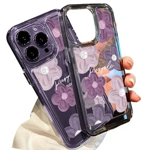 Luxury Purple oil painting flowers with flash powder lens film TPU phone case for iphone 15 pro max 14 13 12 11 Shockproof Cover
