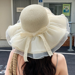 Chapeau de soleil en <span class=keywords><strong>papier</strong></span> à large bord pour femme, motif Argyle, avec nœud, protection UV, idéal pour l'été et les vacances à la plage, vente en gros de haute qualité - Product Image 5