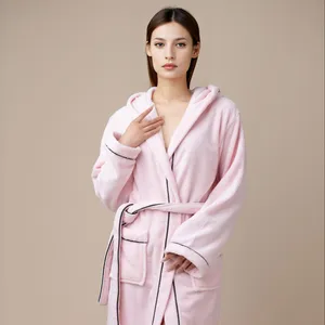 soft absorbent home pajamas flannel coral fleece luxury terry hotel hood bathrobe fabric 100% cotton