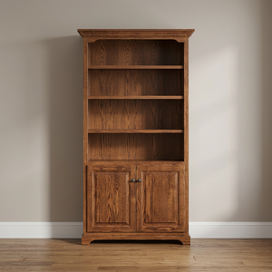 Dark Walnut Teak Wood Bookcase Traditional Tall Open Shelf <b>Storage</b> <b>Cabinet</b> with Doors - Product Image 3